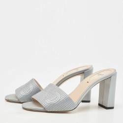 Pre Owned Fendi Light Blue Logo Embroidered Satin Slide Sandals Size 37