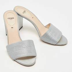 Pre Owned Fendi Light Blue Logo Embroidered Satin Slide Sandals Size 37