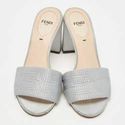 Pre Owned Fendi Light Blue Logo Embroidered Satin Slide Sandals Size 37