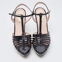 Pre Owned Fendi Black Patent Leather T Strap Platform Sandals Size 37