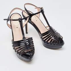 Pre Owned Fendi Black Patent Leather T Strap Platform Sandals Size 37