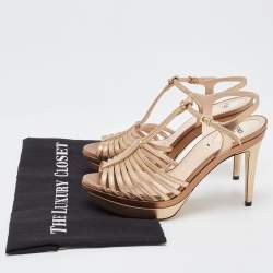 Pre Owned Fendi Metallic Leather Strappy T-Bar Platform Sandals Size 37