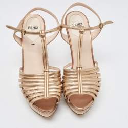Pre Owned Fendi Metallic Leather Strappy T-Bar Platform Sandals Size 37