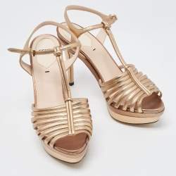 Pre Owned Fendi Metallic Leather Strappy T-Bar Platform Sandals Size 37