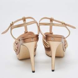 Pre Owned Fendi Metallic Leather Strappy T-Bar Platform Sandals Size 37