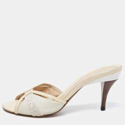 Pre Owned Fendi Two Tone Leather and Zucca Canvas Slide Sandals Size 40