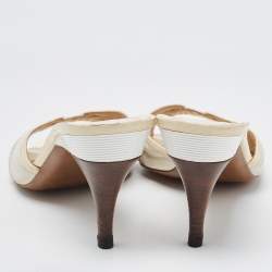 Pre Owned Fendi Two Tone Leather and Zucca Canvas Slide Sandals Size 40