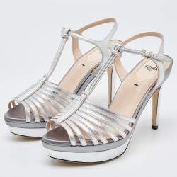 Fendi Silver Leather Strappy T-Bar Platform Sandals Size 37