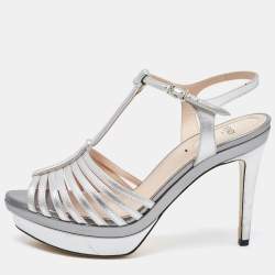 Fendi Silver Leather Strappy T-Bar Platform Sandals Size 37
