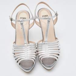 Fendi Silver Leather Strappy T-Bar Platform Sandals Size 37