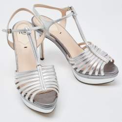 Fendi Silver Leather Strappy T-Bar Platform Sandals Size 37