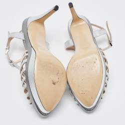 Fendi Silver Leather Strappy T-Bar Platform Sandals Size 37