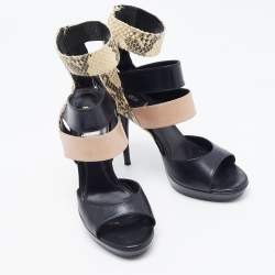 Pre Owned Fendi Tricolor Leather and Python Embossed Ankle Strap Platform Sandals  Size 38