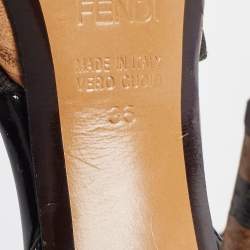 Pre Owned Fendi Brown/Black Zucca Canvas and Patent Leather Bow Platform Ankle Strap Sandals Size 36