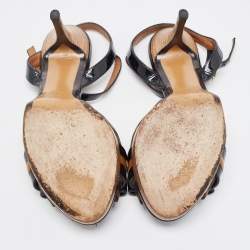 Pre Owned Fendi Brown/Black Zucca Canvas and Patent Leather Bow Platform Ankle Strap Sandals Size 36