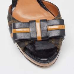 Pre Owned Fendi Brown/Black Zucca Canvas and Patent Leather Bow Platform Ankle Strap Sandals Size 36