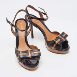 Pre Owned Fendi Brown/Black Zucca Canvas and Patent Leather Bow Platform Ankle Strap Sandals Size 36