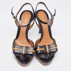 Pre Owned Fendi Brown/Black Zucca Canvas and Patent Leather Bow Platform Ankle Strap Sandals Size 36