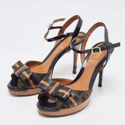 Pre Owned Fendi Brown/Black Zucca Canvas and Patent Leather Bow Platform Ankle Strap Sandals Size 36
