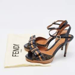 Pre Owned Fendi Brown/Black Zucca Canvas and Patent Leather Bow Platform Ankle Strap Sandals Size 36