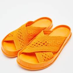 Pre Owned Fendi Orange Nylon and Patent Leather Forever Cross Reflections Slide Flats Size 38.5