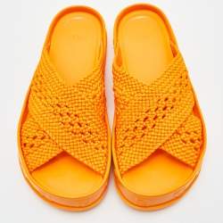 Pre Owned Fendi Orange Nylon and Patent Leather Forever Cross Reflections Slide Flats Size 38.5