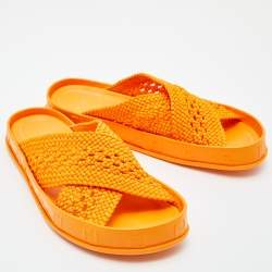 Pre Owned Fendi Orange Nylon and Patent Leather Forever Cross Reflections Slide Flats Size 38.5