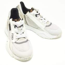 Pre Owned Fendi White/Grey Suede, Mesh and Patent Leather Flow Sneakers Size 37