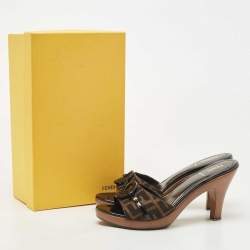 Fendi Brown Canvas Logo Platform Open Toe Slide Sandals Size 39
