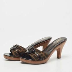 Fendi Brown Canvas Logo Platform Open Toe Slide Sandals Size 39