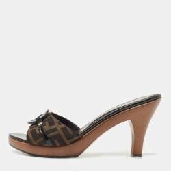 Fendi Brown Canvas Logo Platform Open Toe Slide Sandals Size 39