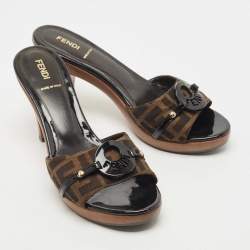 Fendi Brown Canvas Logo Platform Open Toe Slide Sandals Size 39