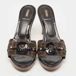 Fendi Brown Canvas Logo Platform Open Toe Slide Sandals Size 39