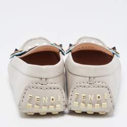 Pre Owned Fendi Grey Leather Studded Flowerland Loafers Size 39.5