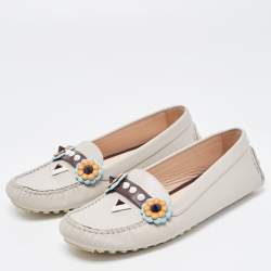 Pre Owned Fendi Grey Leather Studded Flowerland Loafers Size 39.5
