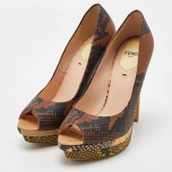 Fendi Multicolor Python Embossed Leather Peep Toe Platform Pumps Size 35