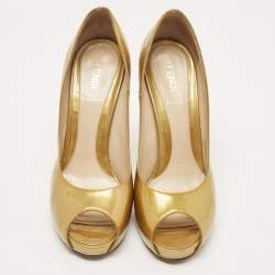 Pre Owned Fendi Gold Patent Leather Zucca Heel Peep Toe Pumps Size 39.5