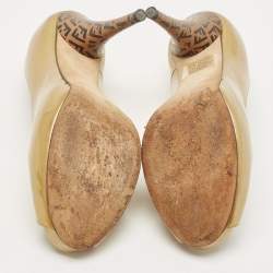 Pre Owned Fendi Gold Patent Leather Zucca Heel Peep Toe Pumps Size 39.5