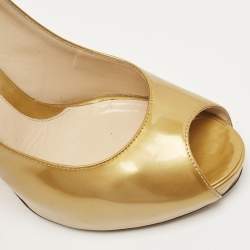 Pre Owned Fendi Gold Patent Leather Zucca Heel Peep Toe Pumps Size 39.5