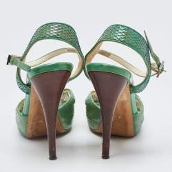 Fendi Green  Python Embossed Leather Slingback Sandals Size 39