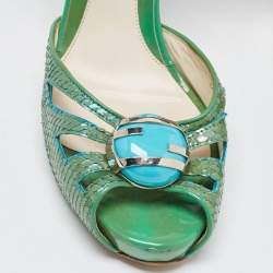 Pre Owned Fendi Green  Python Embossed Leather Slingback Sandals Size 39