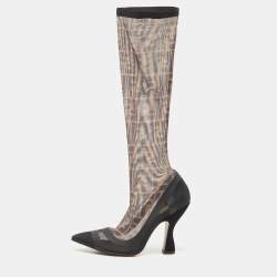 Pre Owned Fendi Black/Beige Zucca Mesh And Fabric Colibri Knee Length Boots Size 38