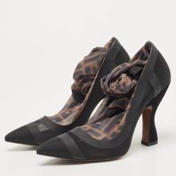 Pre Owned Fendi Black/Beige Zucca Mesh And Fabric Colibri Knee Length Boots Size 38