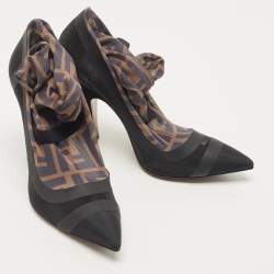 Pre Owned Fendi Black/Beige Zucca Mesh And Fabric Colibri Knee Length Boots Size 38