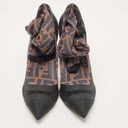 Pre Owned Fendi Black/Beige Zucca Mesh And Fabric Colibri Knee Length Boots Size 38