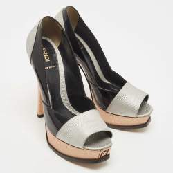 Pre Owned Fendi Multicolor Fendista Colorblock Lizard-Embossed Leather Peep Toe Pumps Size 40