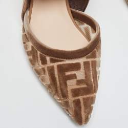 Pre Owned Fendi Beige Zucca Velvet Colibri Forever Logo Slingback Pumps Size 38