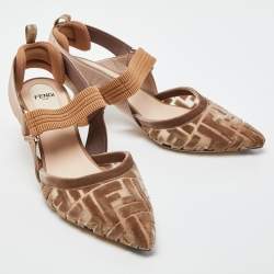 Pre Owned Fendi Beige Zucca Velvet Colibri Forever Logo Slingback Pumps Size 38