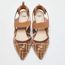 Pre Owned Fendi Beige Zucca Velvet Colibri Forever Logo Slingback Pumps Size 38