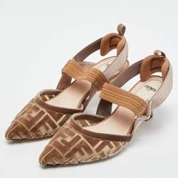 Pre Owned Fendi Beige Zucca Velvet Colibri Forever Logo Slingback Pumps Size 38